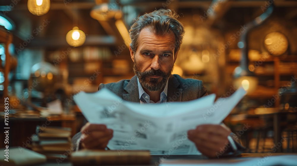 Businessman reading work documents, work process Businessman reading work documents, work process