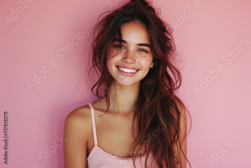 Cheerful Young Woman with Attractive Blue Eyes, Smiling Happily in a White Studio Background © VICHIZH