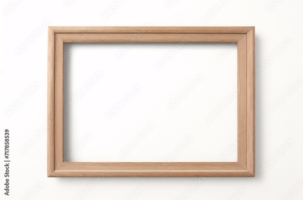 Marco vertical rectangular fino de madera clara colgado en una pared con textura blanca, plano, vista superior, ilustración 3D. Marco vertical rectangular fino de madera clara colgado en una pared con textura blanca, plano, vista superior, ilustración 3D.