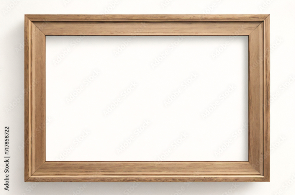 Marco vertical rectangular fino de madera clara colgado en una pared con textura blanca, plano, vista superior, ilustración 3D. Marco vertical rectangular fino de madera clara colgado en una pared con textura blanca, plano, vista superior, ilustración 3D.