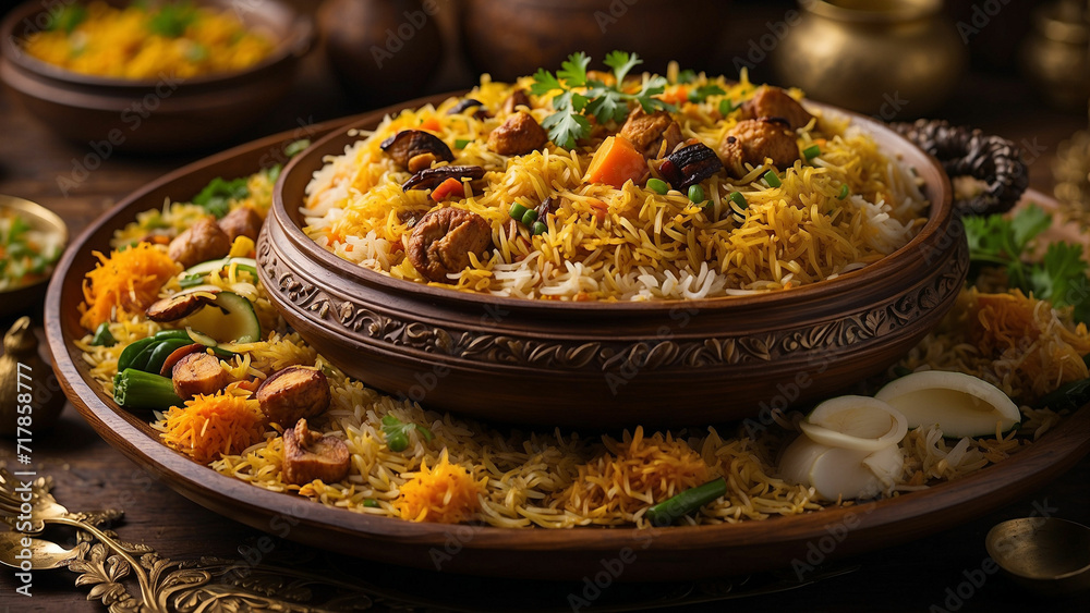 picture of a wooden table adorned with a steaming plate of veg biryani the intricate details of the traditional plate, and the layers of fragrant rice and vegetables picture of a wooden table adorned with a steaming plate of veg biryani the intricate details of the traditional plate, and the layers of fragrant rice and vegetables