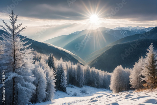 The sun shines brightly through the clouds over a frozen forest in a mountainous area with mountains in the background © Giuseppe Cammino