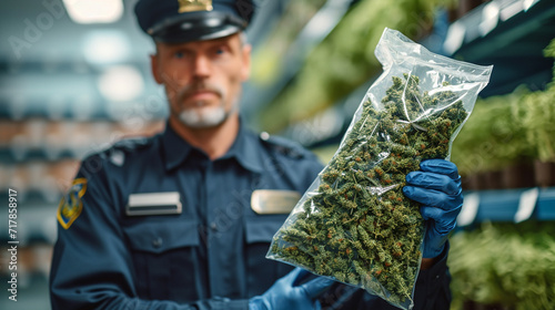 Police officer holding marijuana. Work process photo