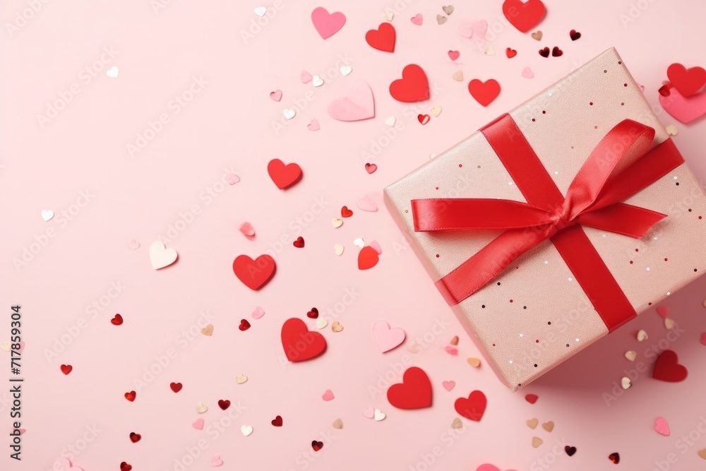 Pink gift box on a pink table with heart shaped confetti. Celebrating Valentine's Day, wedding, anniversary or birthday, love, flat layout, copi space, top view Pink gift box on a pink table with heart shaped confetti. Celebrating Valentine's Day, wedding, anniversary or birthday, love, flat layout, copi space, top view