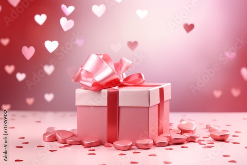 Pink gift box with a white lid on a white table with falling confetti in the shape of a heart. Celebrating Valentine's Day, wedding, anniversary or birthday, love, with copy space, © Tatiana