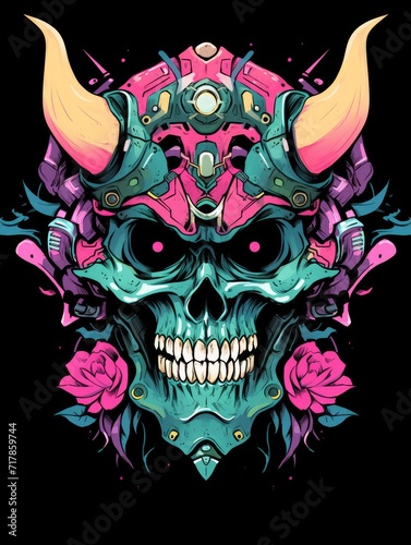 Mecha samurai Necro, Demon, skull, evil, hell, anime girl, illustration. Print for T-shirts and poster	