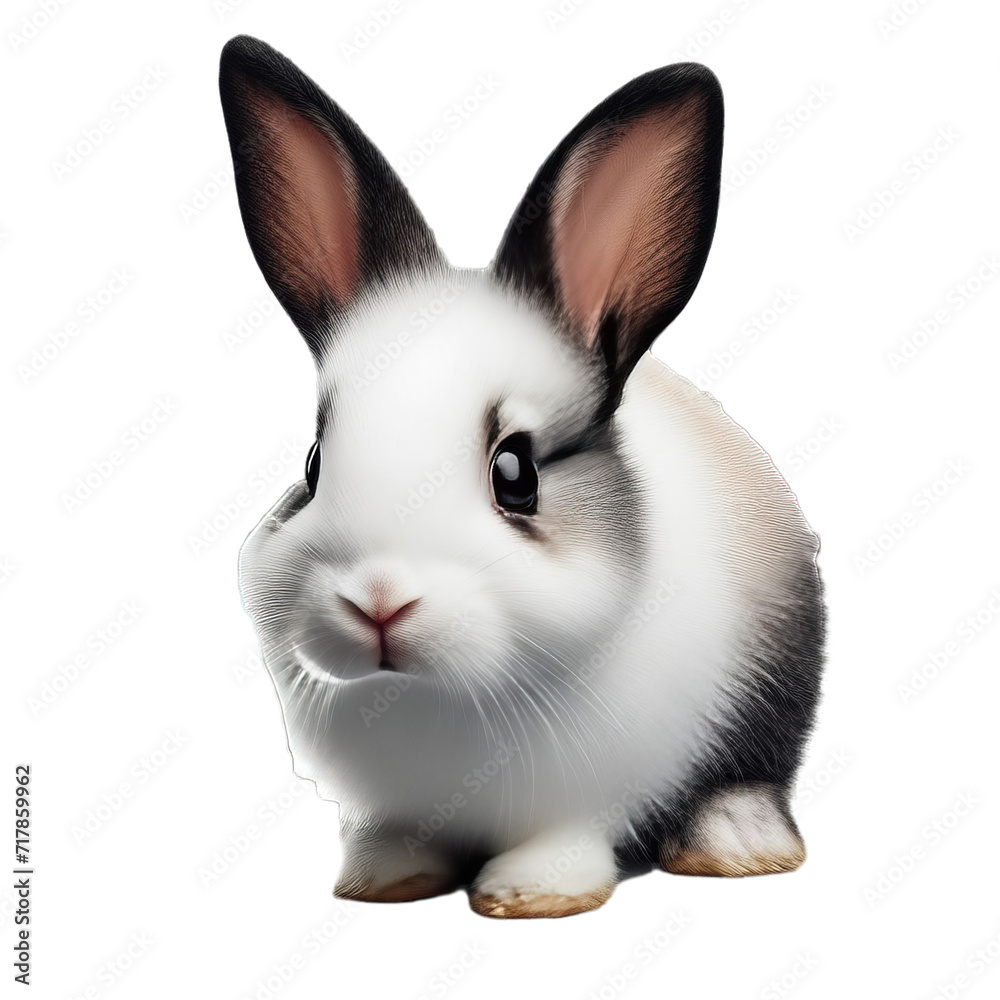 Fototapeta premium White Fluffy Rabbit with Brown Ears Isolated on white or transparent Background