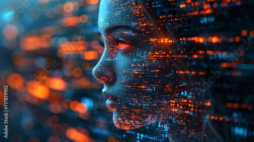 Profile of woman with technology in code
