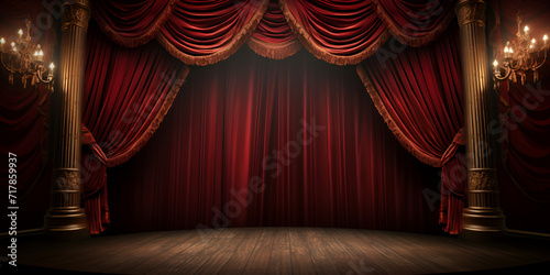 Dramatically Lit Lustrous Red Velvet Theatre Curtains and Wooden Stage Floor