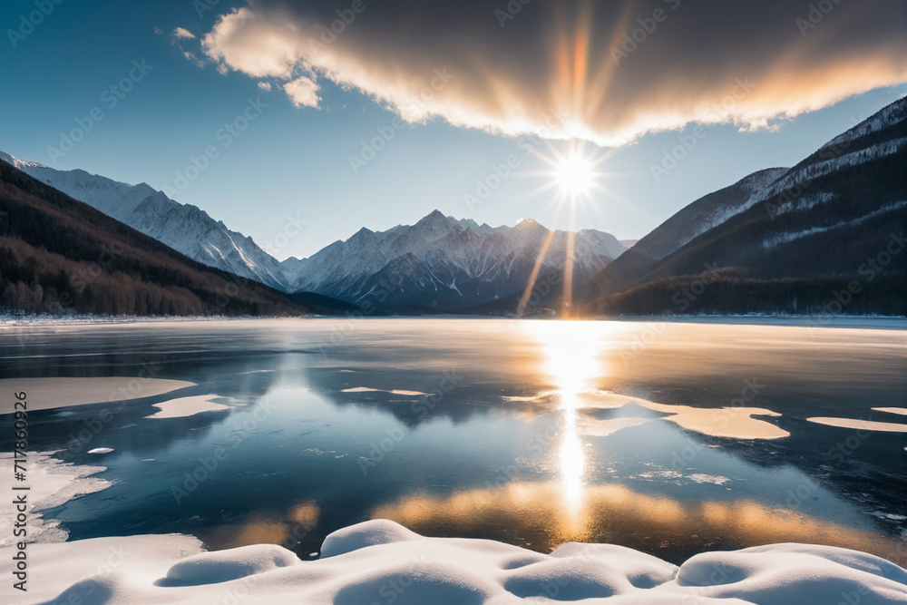 The sun shines brightly through the clouds over a frozen lake in a mountainous area with mountains in the background