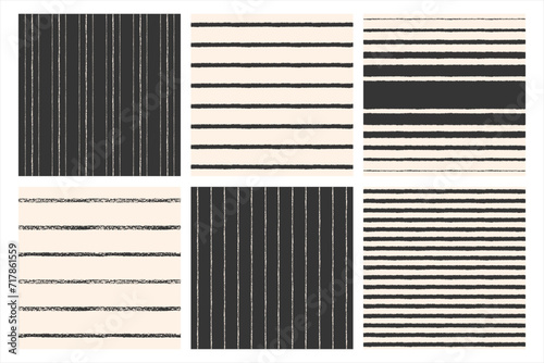 Hand drawn striped vector seamless patterns set. Black and white brush, chalk, charcoal drawn stripes, lines, streaks, bars, pinstripes. Rough, textured edges. Monochrome square backgrounds collection