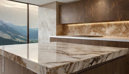 kitchen interior.a 3D rendering of a modern interior scene featuring a countertop with a brown marble texture  emphasizing the seamless integration of the marble pattern into contemporary design.