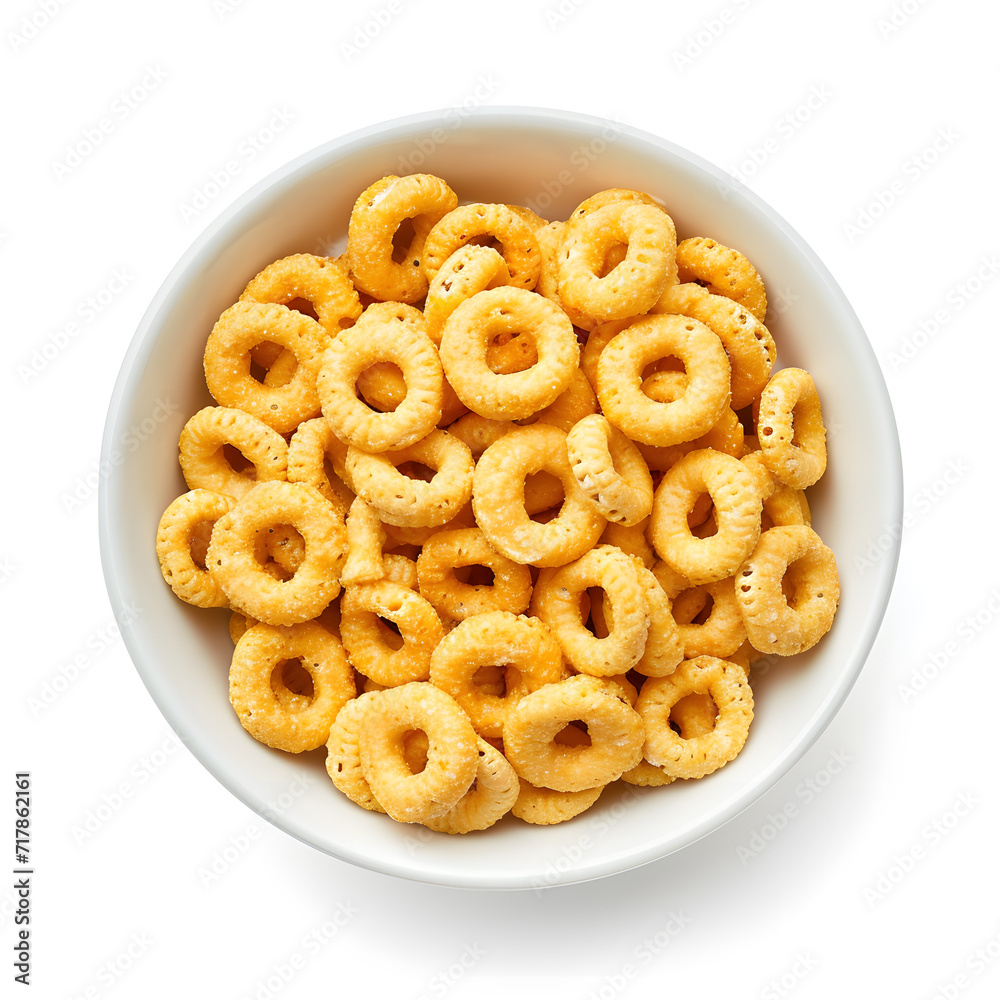 Top view Bowl of Cheerios cereal corn rings isolated on white background Top view Bowl of Cheerios cereal corn rings isolated on white background