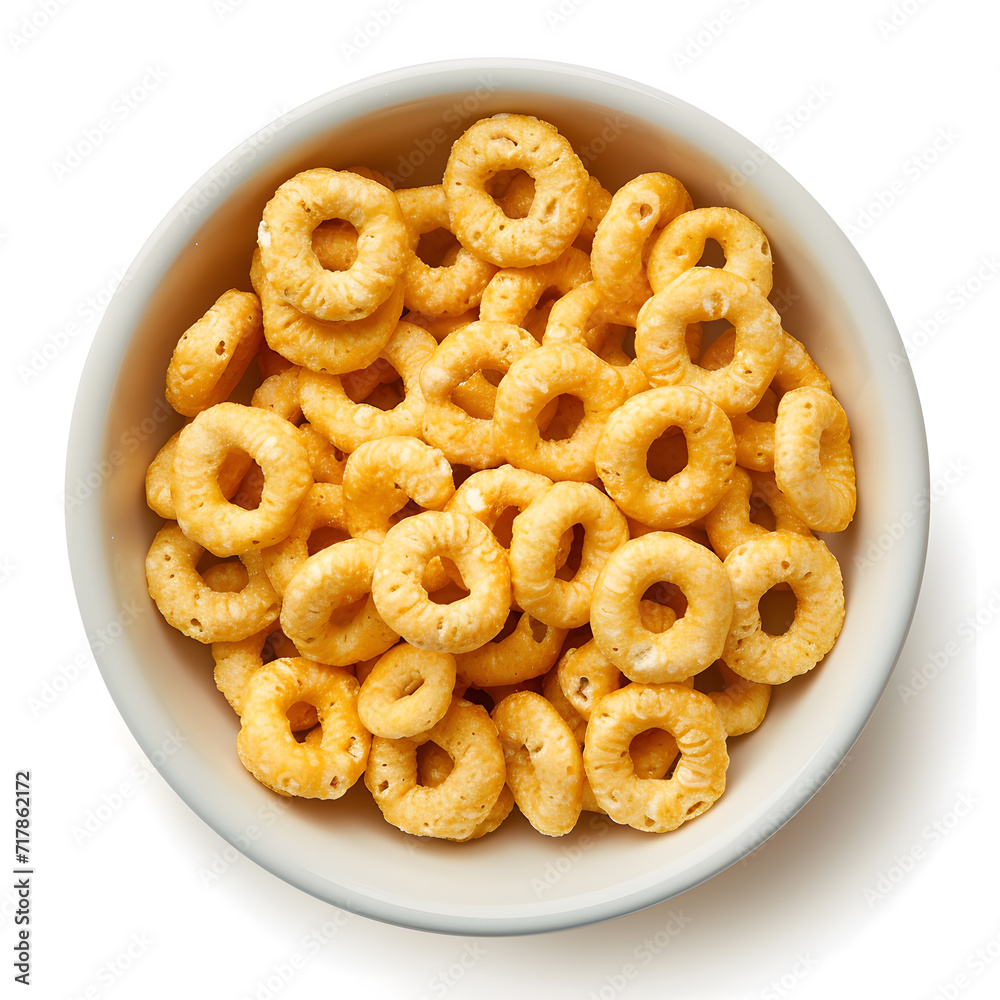Top view Bowl of Cheerios cereal corn rings isolated on white background Top view Bowl of Cheerios cereal corn rings isolated on white background
