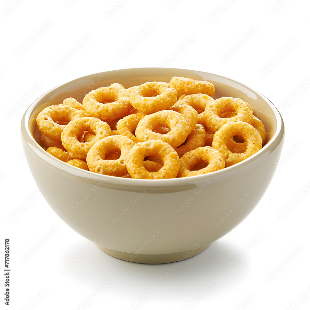 Bowl of Cheerios cereal corn rings isolated on white background