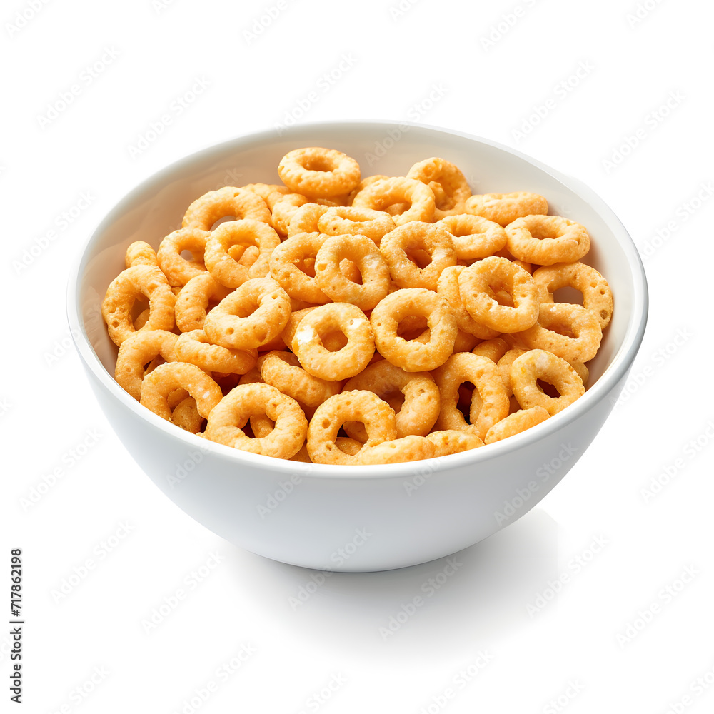 Bowl of Cheerios cereal corn rings isolated on white background