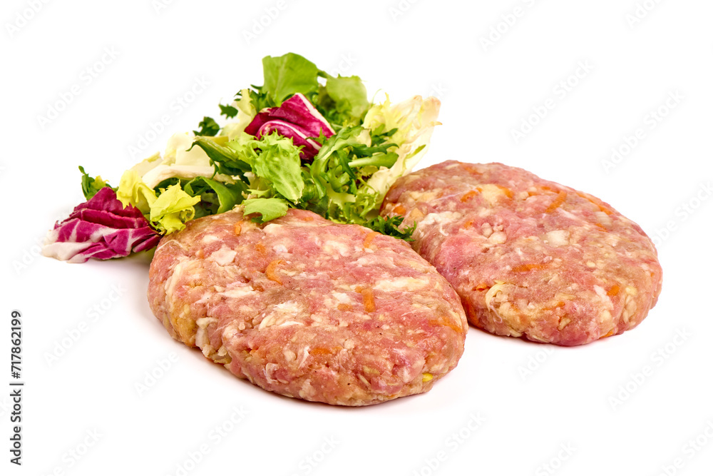 Minced meat patties, isolated on white background.