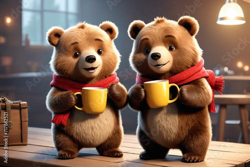 Two cartoon cute bears holding mugs - Concept of love © Giuseppe Cammino