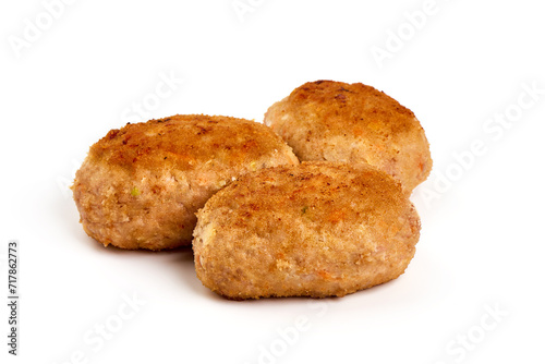 Homemade fried pork cutlets in breadcrumbs, meatballs from minced meat, isolated on white background.