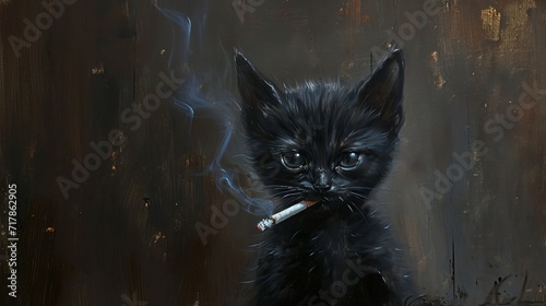 Siyah kedi yavrusu sigara içiyor, yağlı boyayla çizim yapıyor. Sigaranın zararları, sigara içilmez konsepti photo