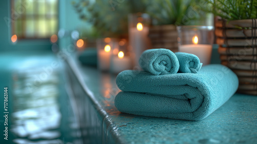 spa setting with candles and towels and flowers and water