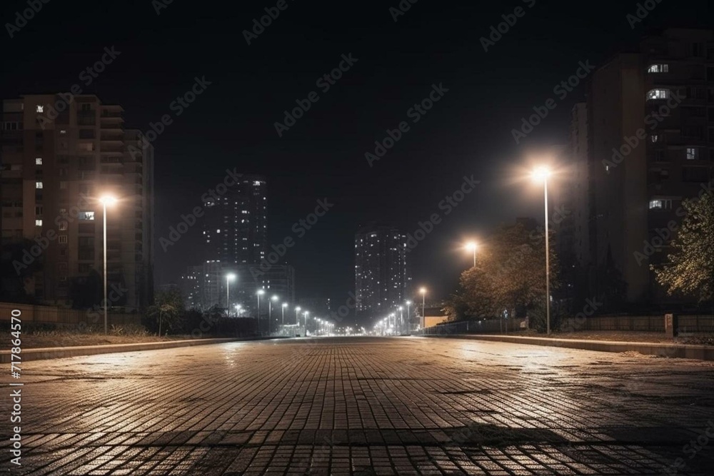 Desolate street, pathway, urban landscape at night under an illuminated cityscape. Generative AI - obrazy, fototapety, plakaty 