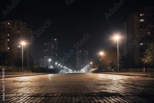 Desolate street, pathway, urban landscape at night under an illuminated cityscape. Generative AI