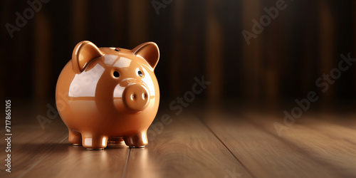 Piggy bank on wooden background, 3D rendering. Computer digital drawing.