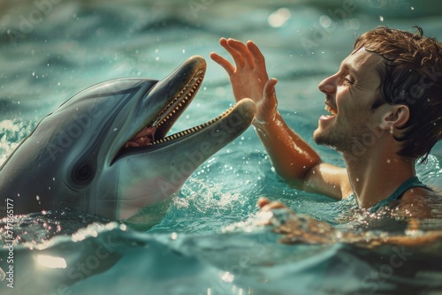 smiling dolphin in blue water, dolphin and human