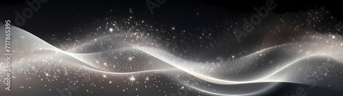 Digital silver particles wave and light abstract wide screen background with shining dots.	