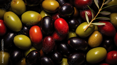 Various types of olives background. View from above. Mediterranean cuisine. Generative AI