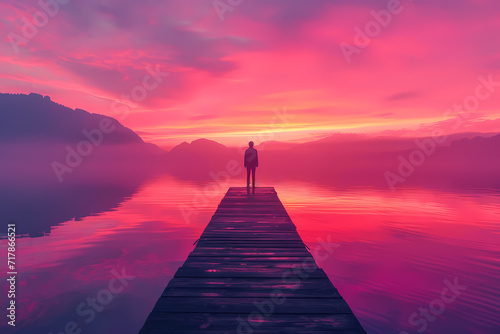 As the afterglow of sunset bathed the landscape in a warm hue, a solitary figure stood on the dock, gazing at the horizon where the sky met the tranquil waters of the lake, lost in thought as the clo photo