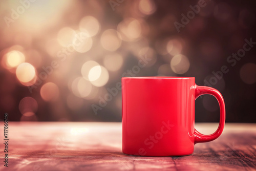 Photo of plain red mug on table