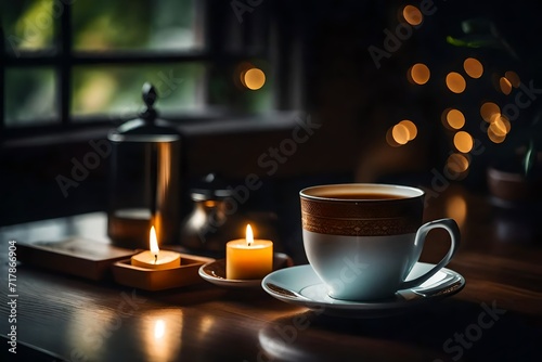 cup of coffee on the table on black background