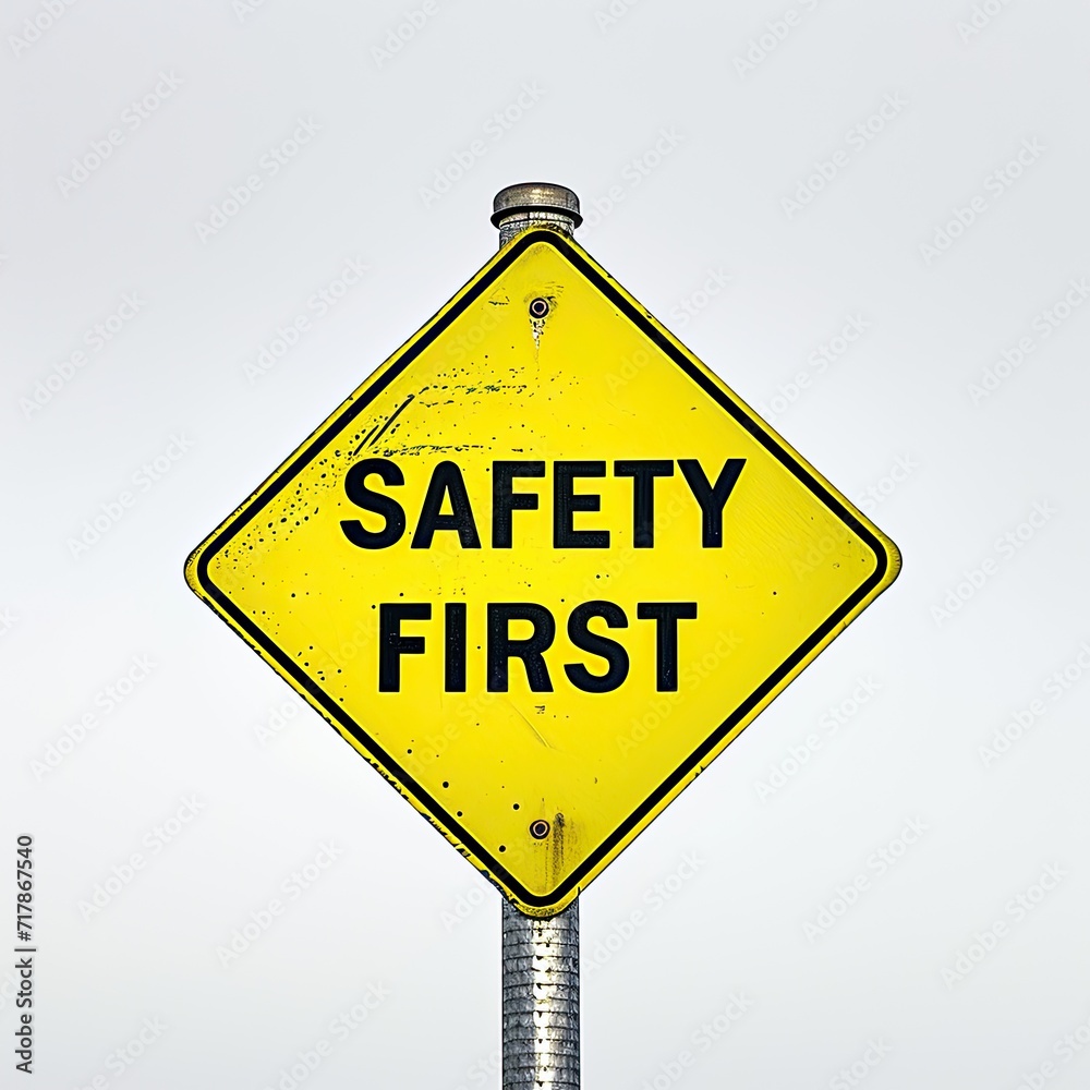 Yellow Safety First Sign Against Clear Sky Background. Yellow Safety First Sign Against Clear Sky Background.