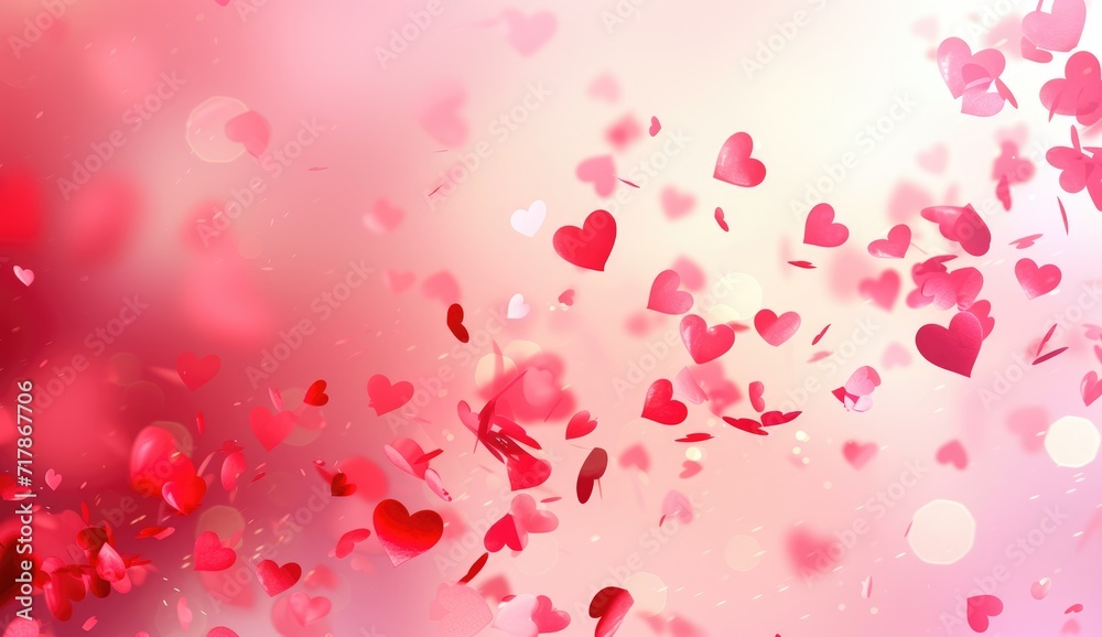 Valentine's Day and romantic scene with small red paper hearts scattered across a soft pink gradient background, creating a dreamy and festive atmosphere ideal for Valentine's Day or romantic occasion