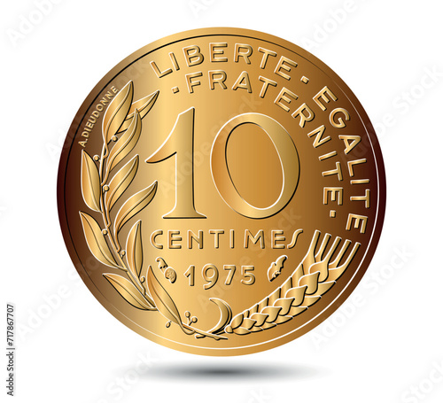 10 Centimes coin made by France in 1975. France ten centime reverse coin on a white isolated background. Vector illustration.
