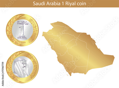1 riyal. Vector riyal coin of Saudi Arabia. Vector illustration isolated on the background of a map of the USA.