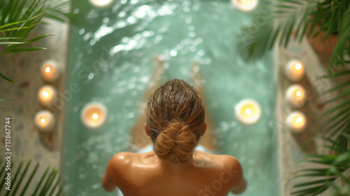 woman relaxing in the pool of spa and wellness center with bubbles