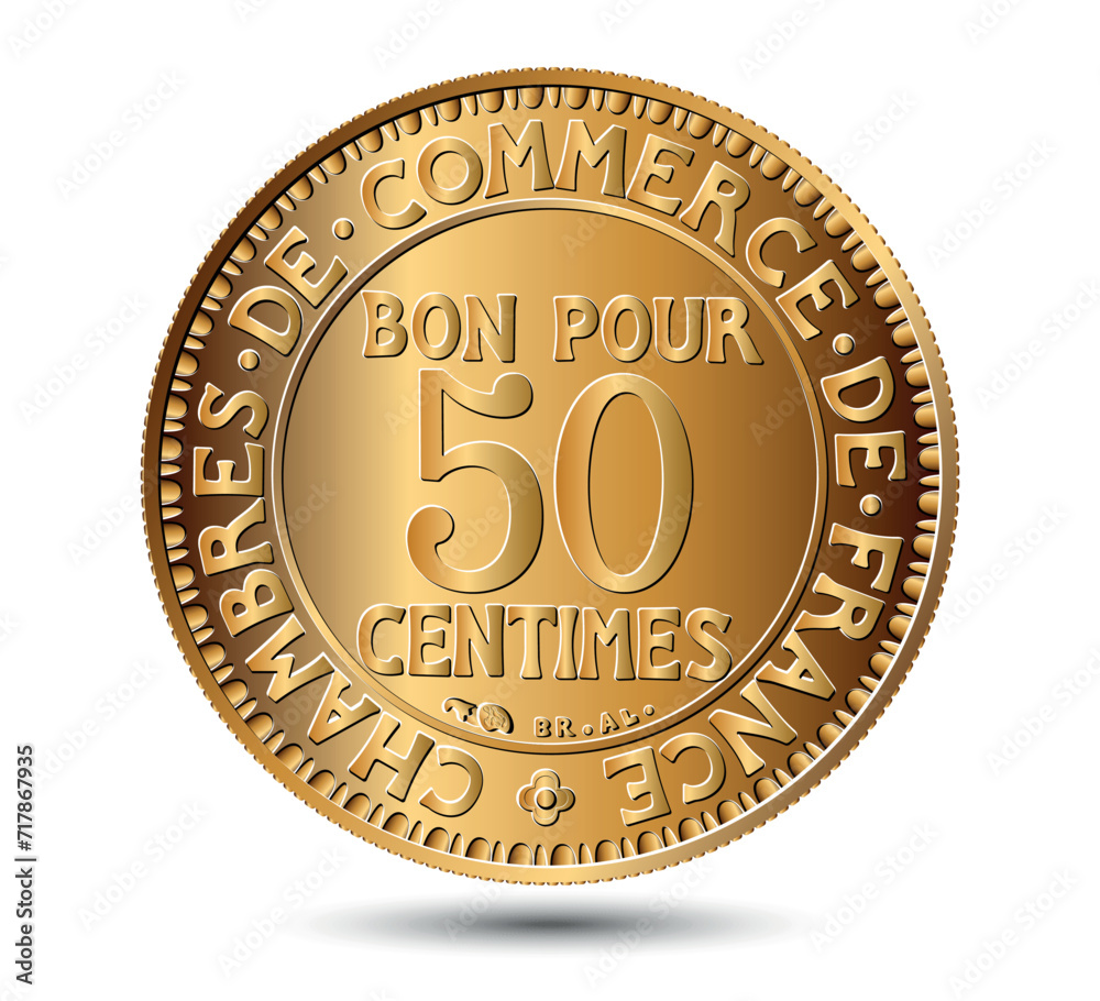 50 Centimes coin. France fifty centime reverse coin on a white isolated background. Vector illustration.