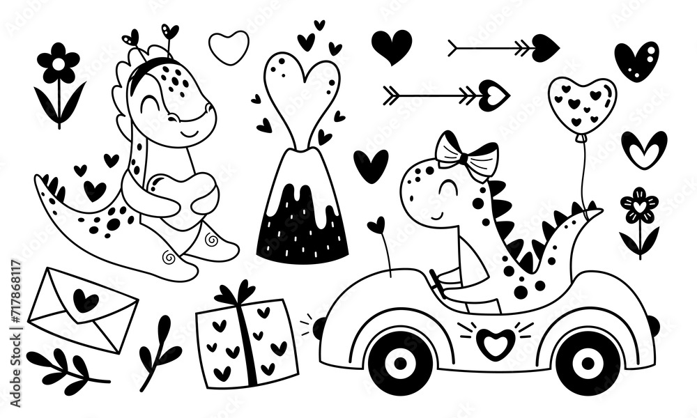 Black and white Valentines dinosaurs clipart. Valentines day clipart ...