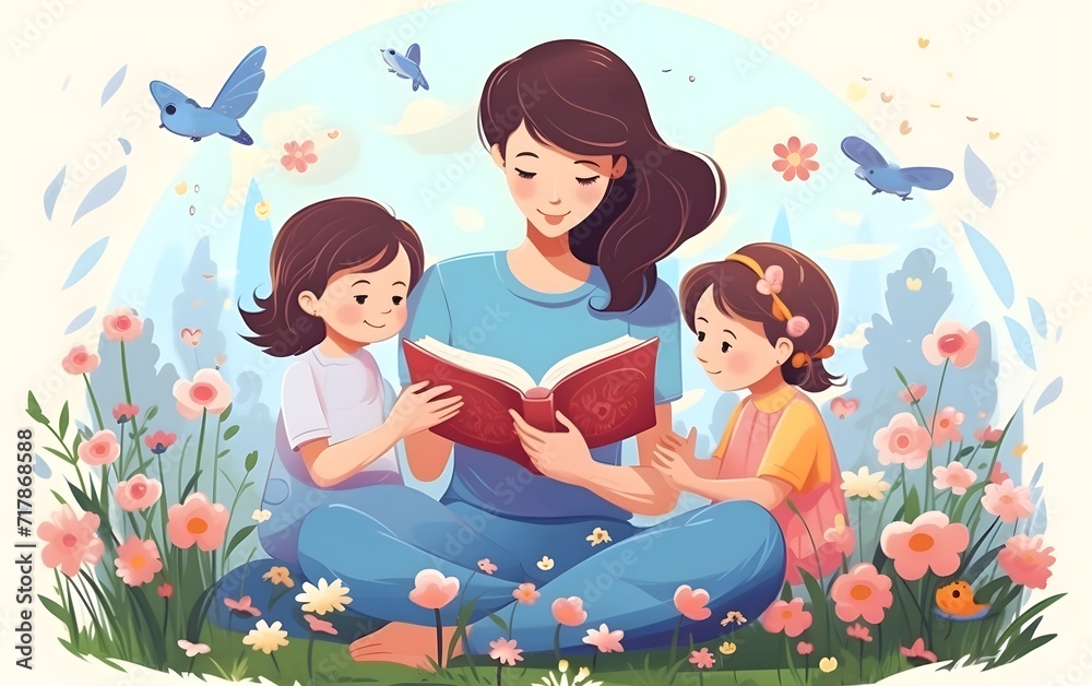 Obraz premium vector illustration Mother's day, kindergarten, motherhood vector. A young mother reads a fairy tale to her son and daughter which is very cute