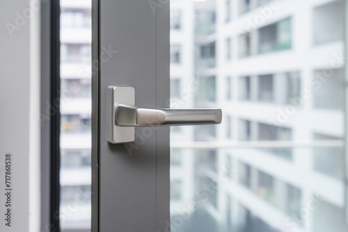 Closeup view of handle of opened gray pvc window against blurred office building background