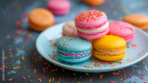Colorful macaroons on a blue plate with colorful sprinkles.