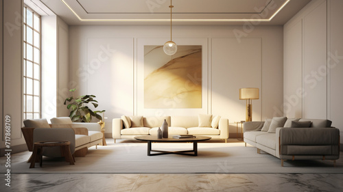 Canvas of Tranquility  Exploring an Empty Room with White Designed Walls  Featuring a Captivating Front Painting  Three Inviting Sofas adorned with Plush Pillows  a Chic Brown Table  an Empty Pot 