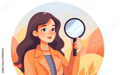 Smiling young woman cartoon character standing holding magnifying glass over eyes vector illustration