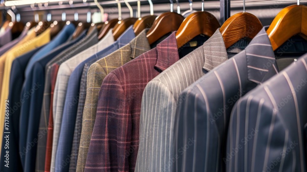 Fototapeta premium Men's jackets on hangers in a men's store. AI generated.