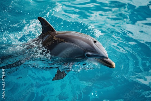 smiling dolphin in blue water  dolphin and human