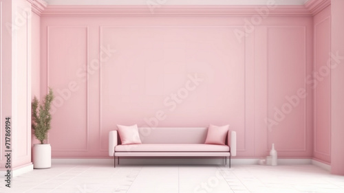 Blush Bloom  A Captivating Interior Model Home Showcasing a Pink Empty Room  Featuring a Pink Sofa with Two Soft Pillows  and an Artful Pink Pot on the Floor Hosting Lush Green Flowers  Unveiling 