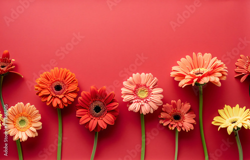 Bright spring and summer background in red with red and pink gerberas. Seamless pattern tenplate of flowers with place for text, copyspace, web banner and postcard 